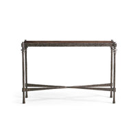 Front view of hammered iron console table.