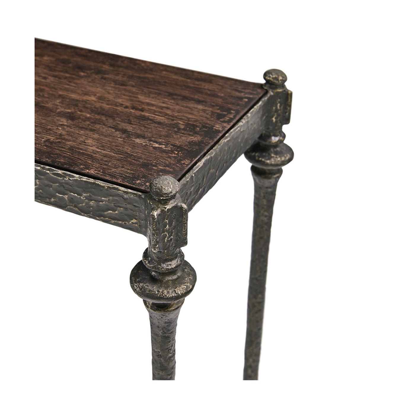 Detailed corner view of hammered iron console table.