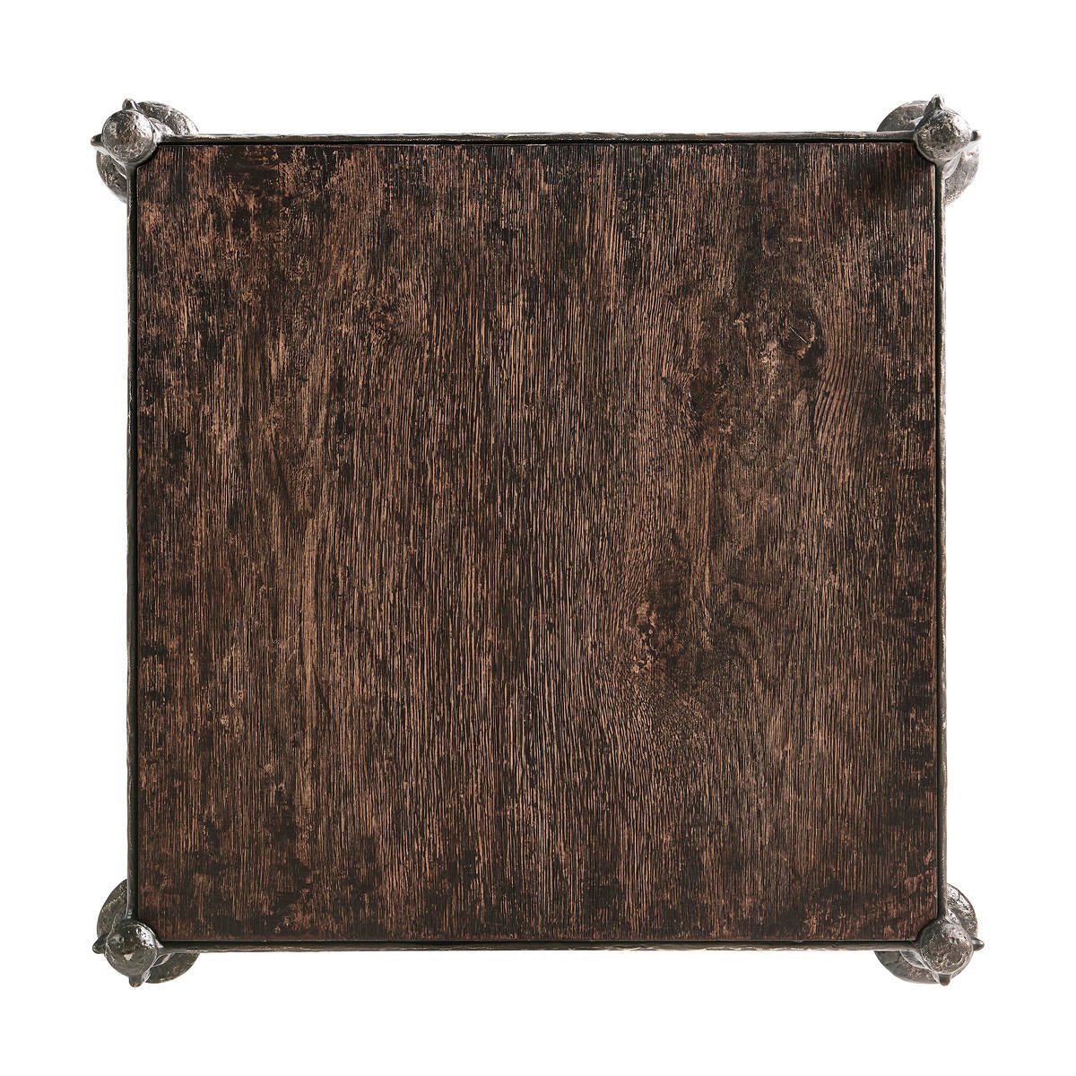 Top view of hammered iron side table, wood finish.