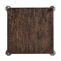 Top view of hammered iron side table, wood finish.