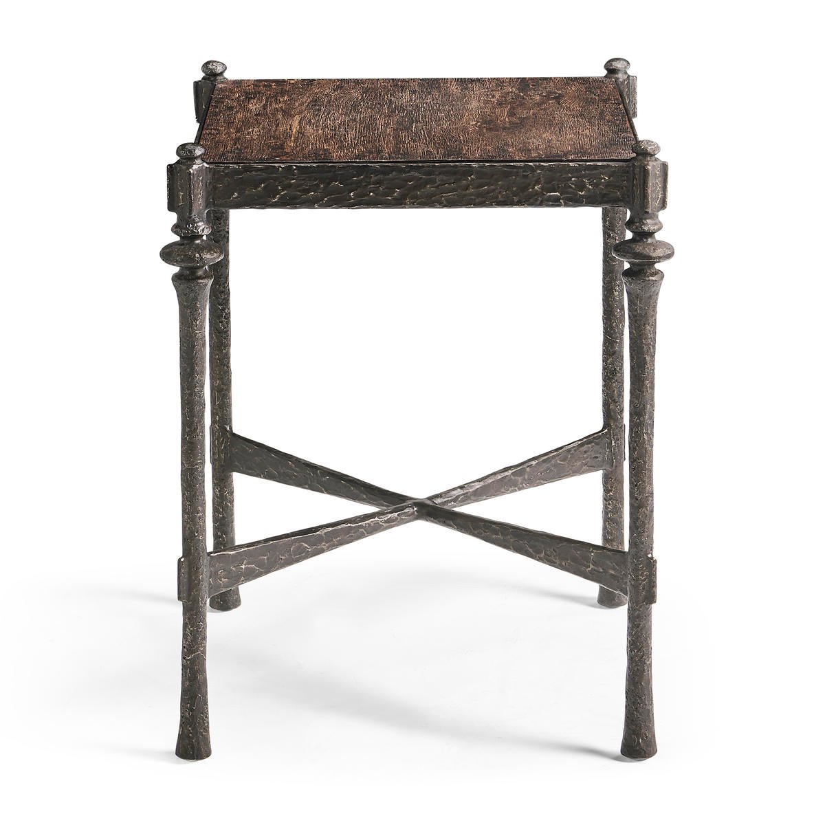 Front view of hammered iron side table, rustic design.
