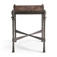 Front view of hammered iron side table, rustic design.