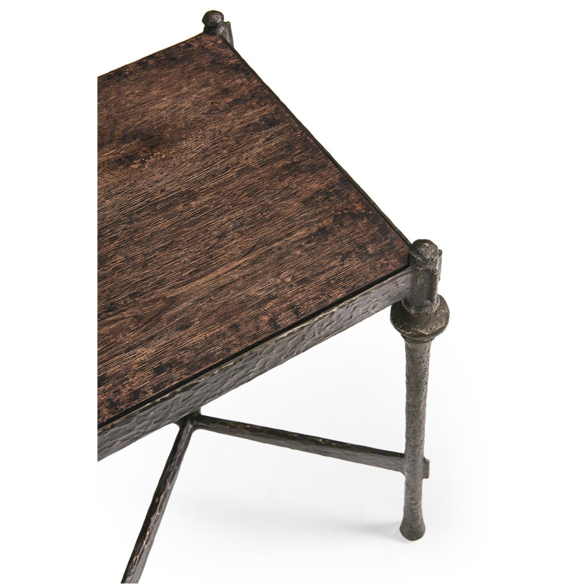 Overhead corner view of iron side table, leg structure.