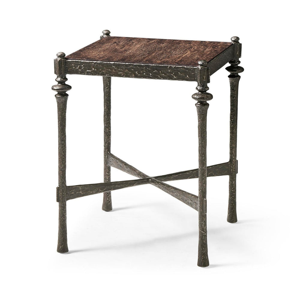 Modern rustic hammered iron side table, angled view.