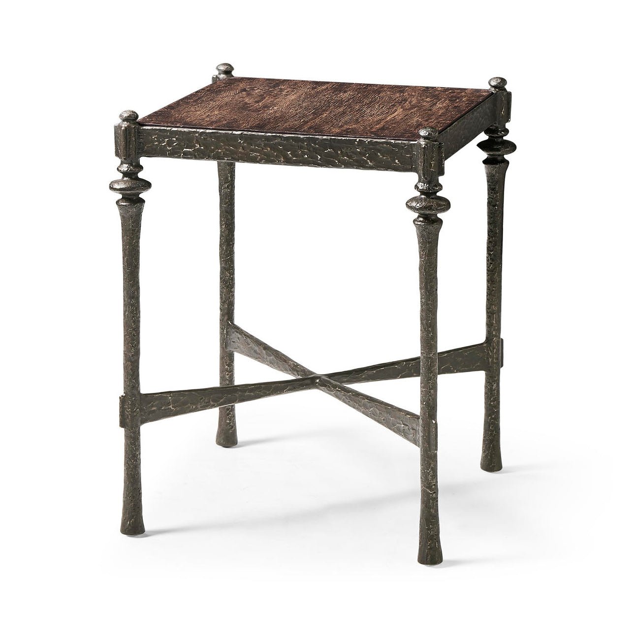 Modern rustic hammered iron side table, angled view.