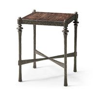 Modern rustic hammered iron side table, angled view.