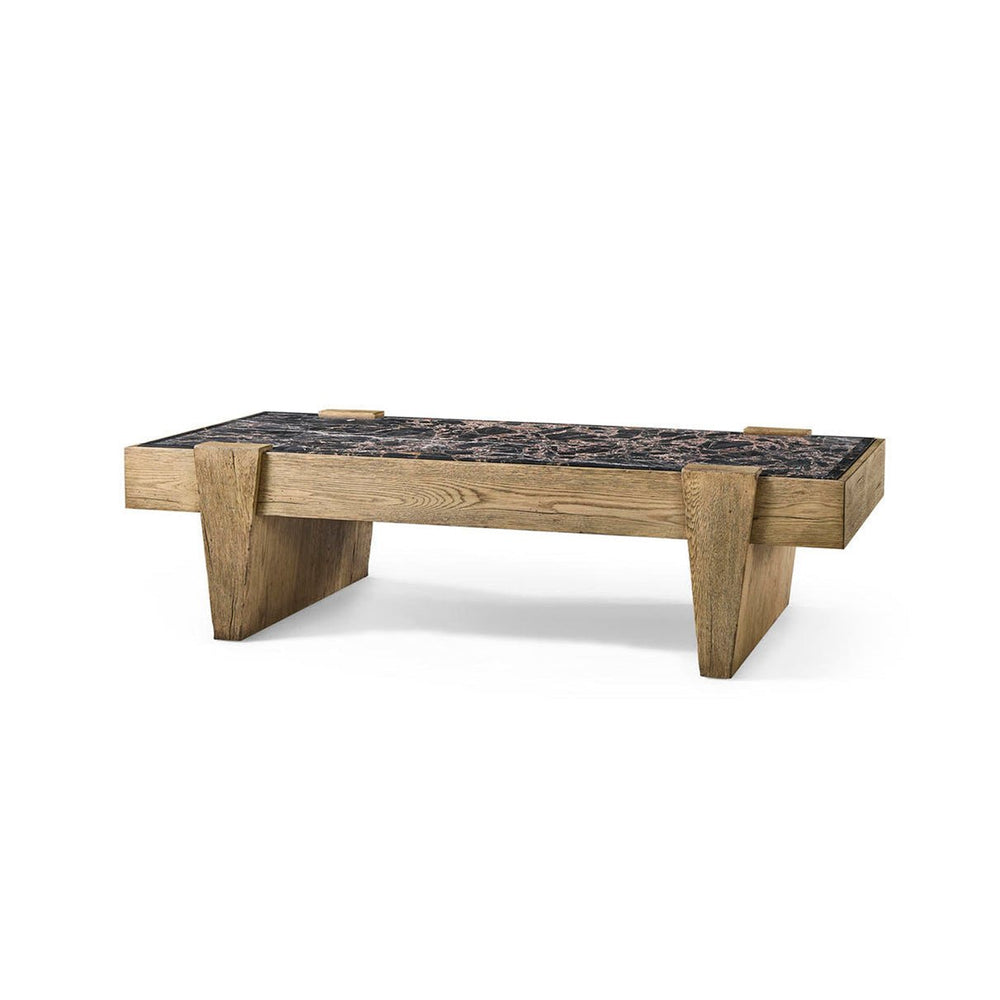 Rustic oak and marble coffee table angled view.