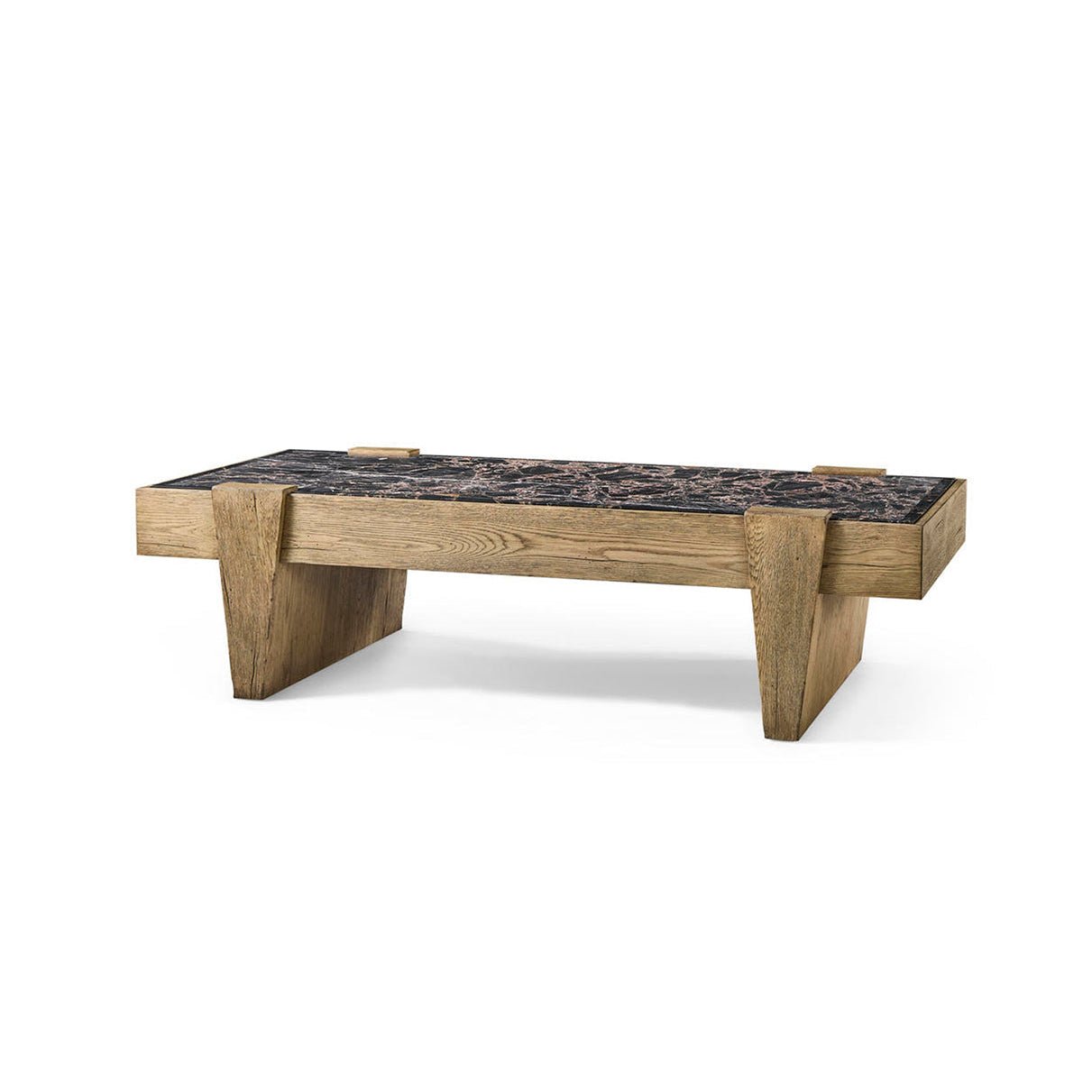 Rustic oak and marble coffee table angled view.