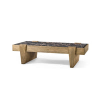 Rustic oak and marble coffee table angled view.