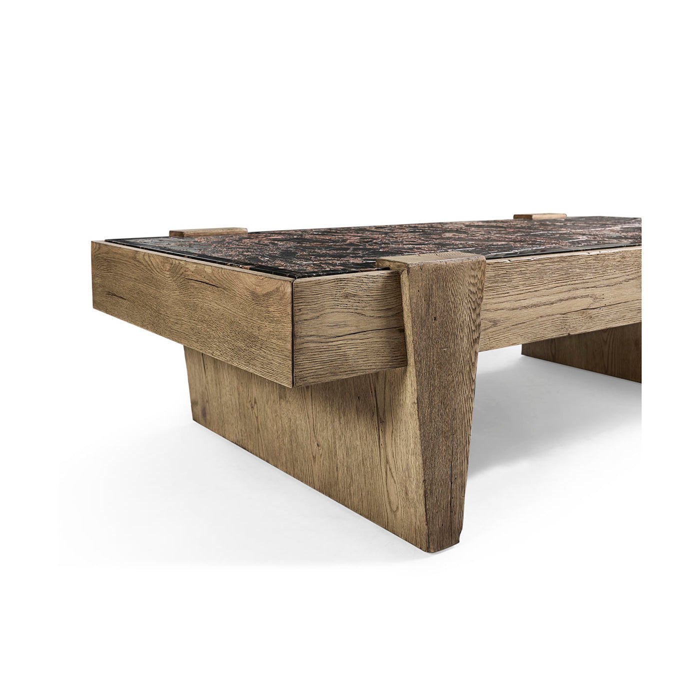 Oak and marble coffee table leg and side view.