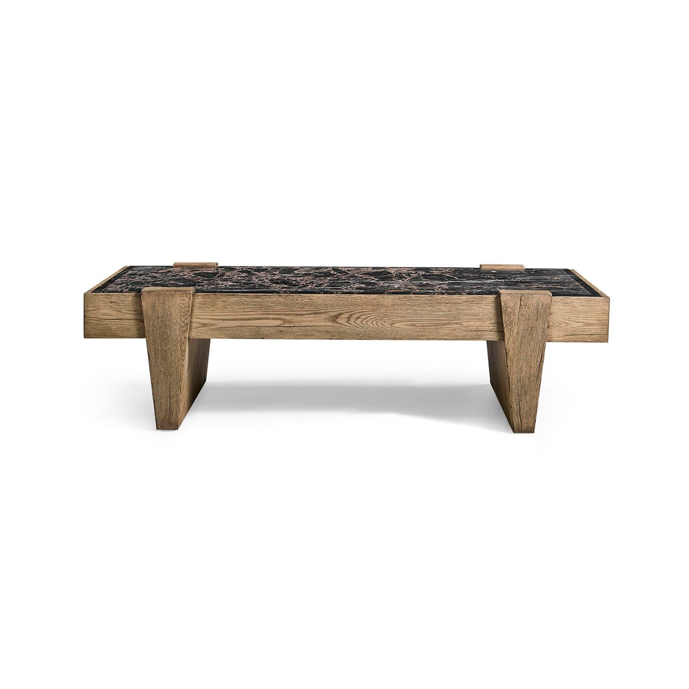 Side profile of rustic oak and marble coffee table.