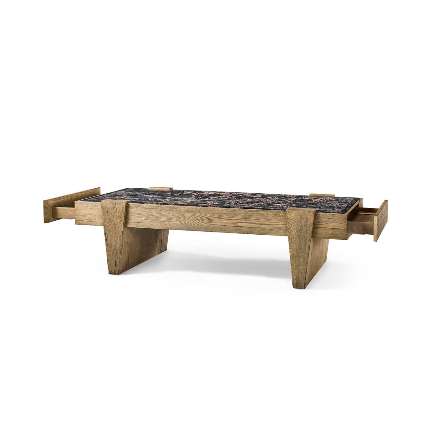 Coffee table with open storage drawer shown.