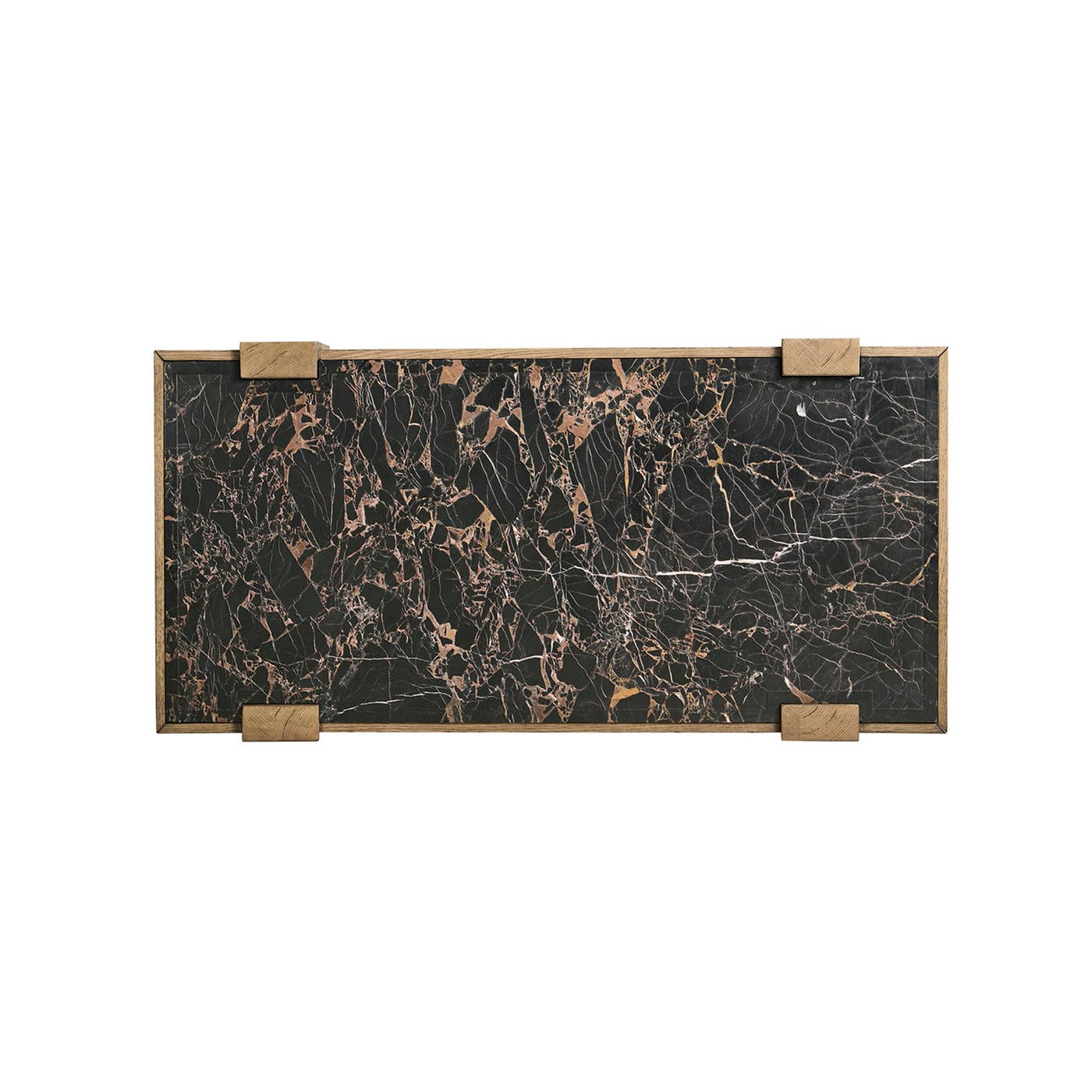 Top view of marble and oak coffee table surface.