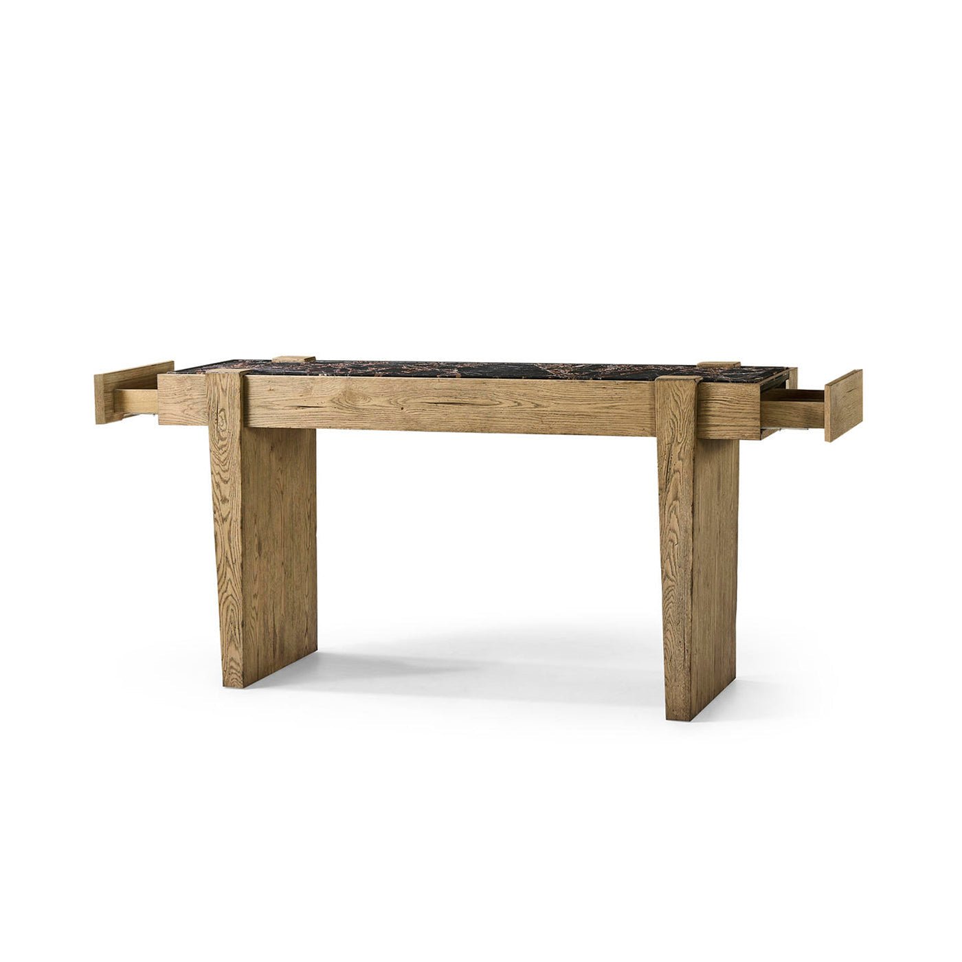 Modern Rustic Oak and Marble Console Table - English Georgian America