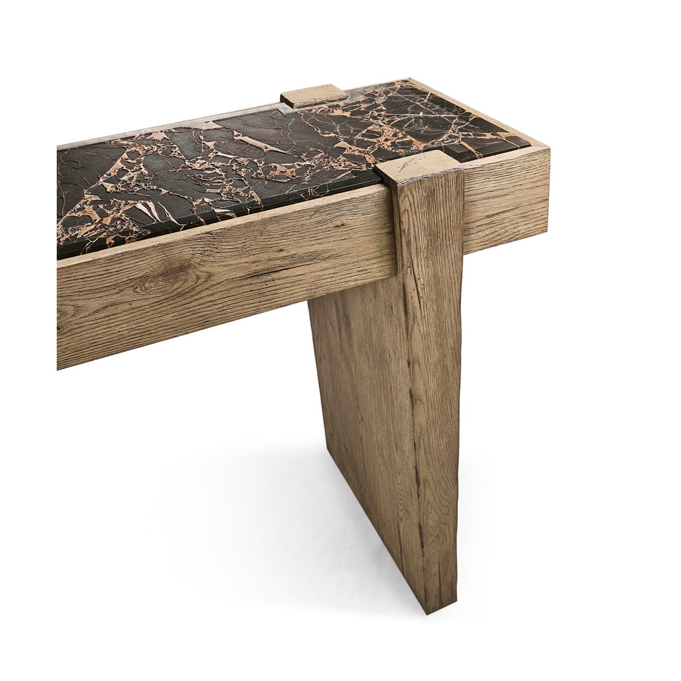 Modern Rustic Oak and Marble Console Table - English Georgian America