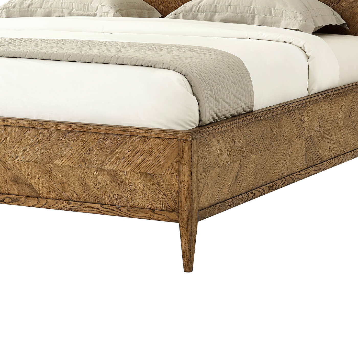Modern Oak Bed, detailed shot of footboard and leg