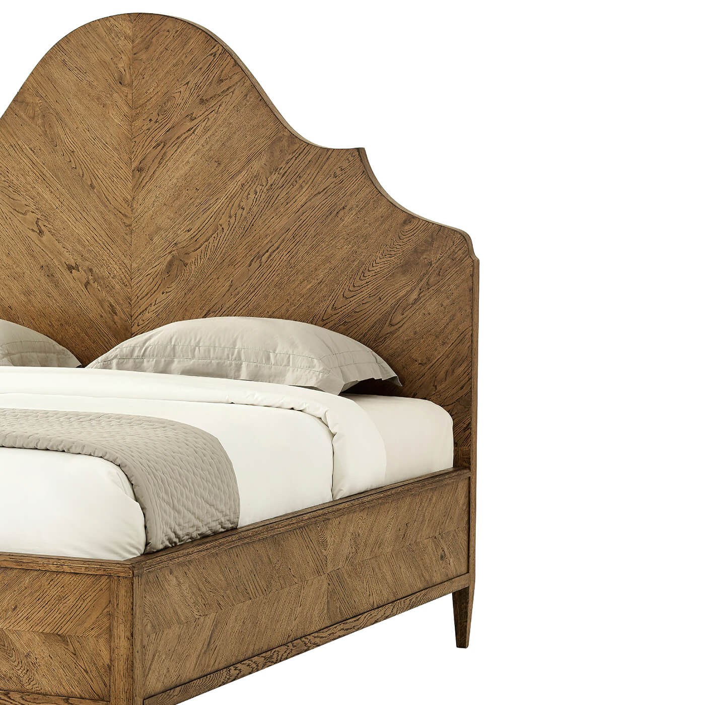 Modern Rustic Oak Bed, close-up of headboard and pillows