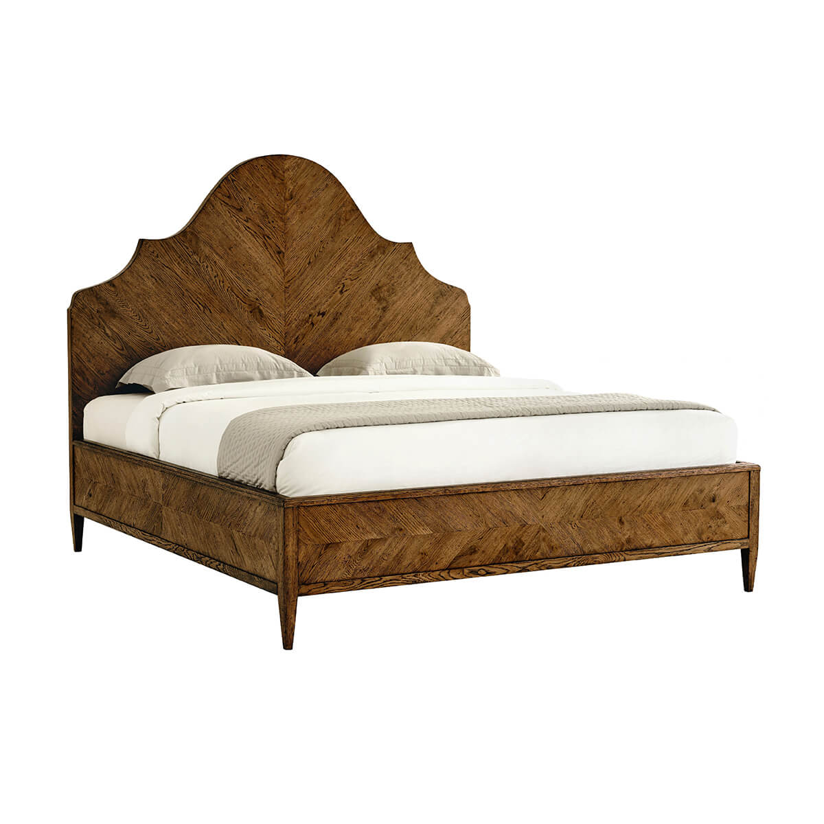 Angle view of dark oak king bed.