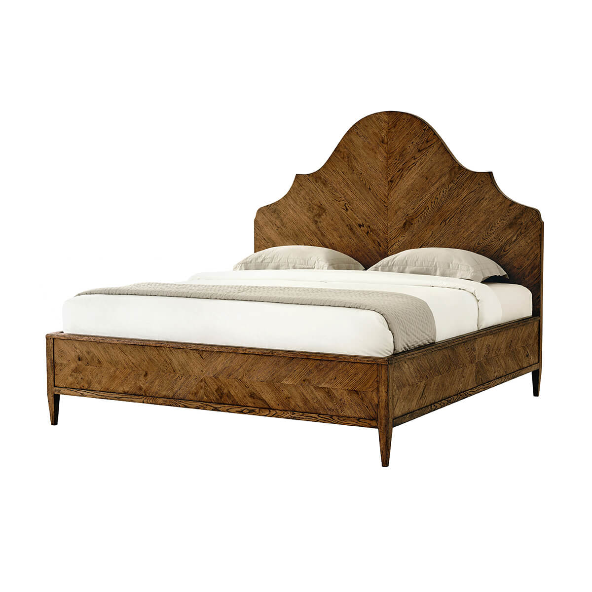 Modern rustic oak king bed with high headboard.