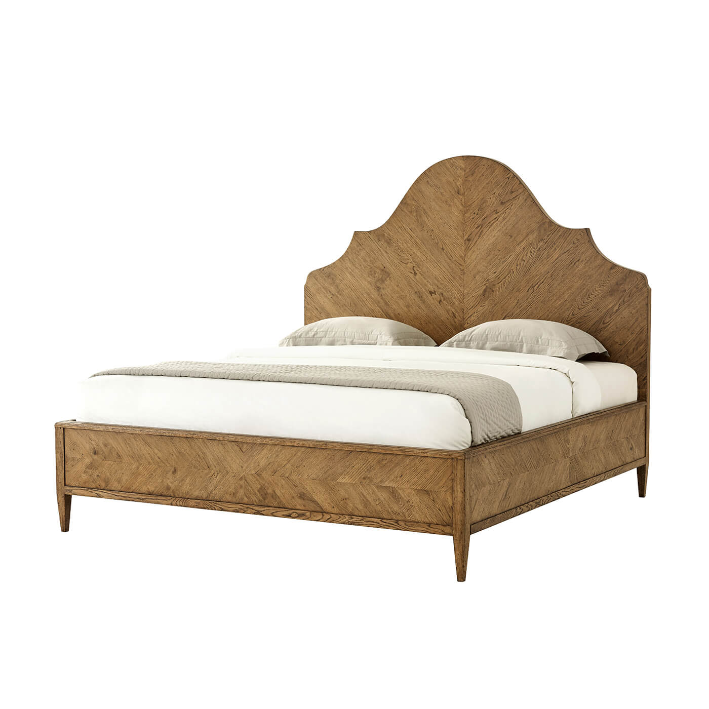 Modern rustic oak king bed with bedding, front view.