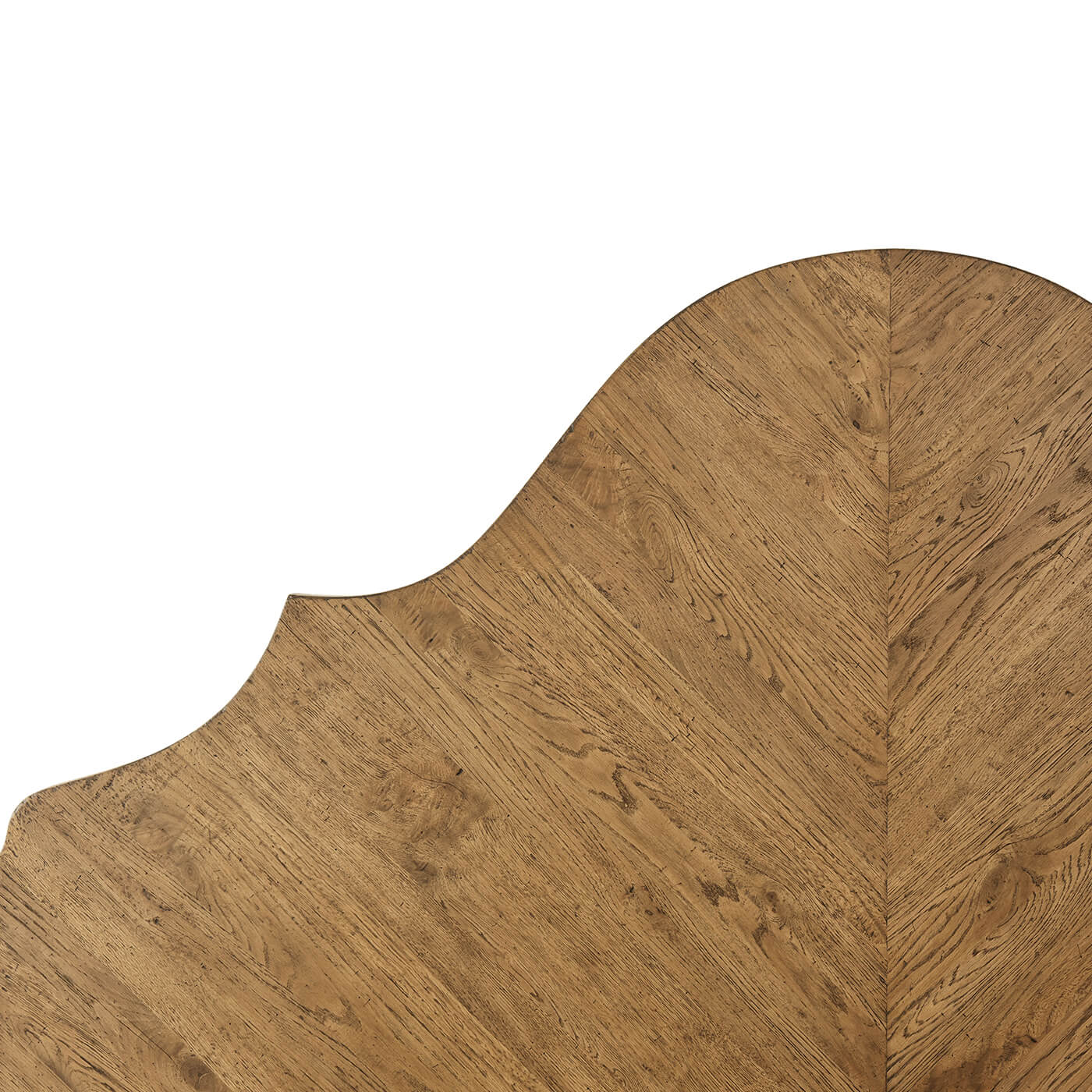 Detailed view of modern rustic oak king bed headboard design.