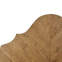 Detailed view of modern rustic oak king bed headboard design.