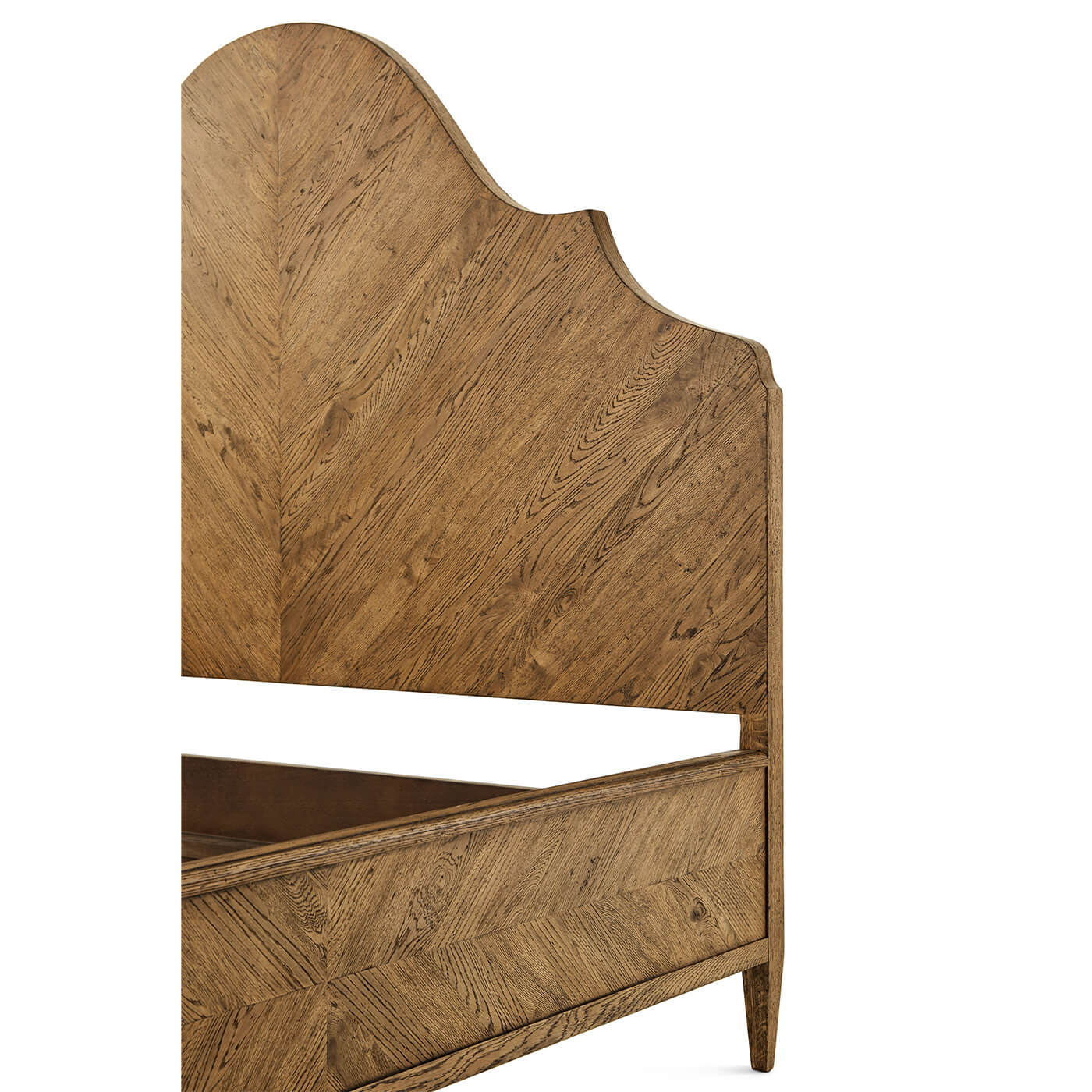 Close-up of headboard on modern rustic oak king bed.