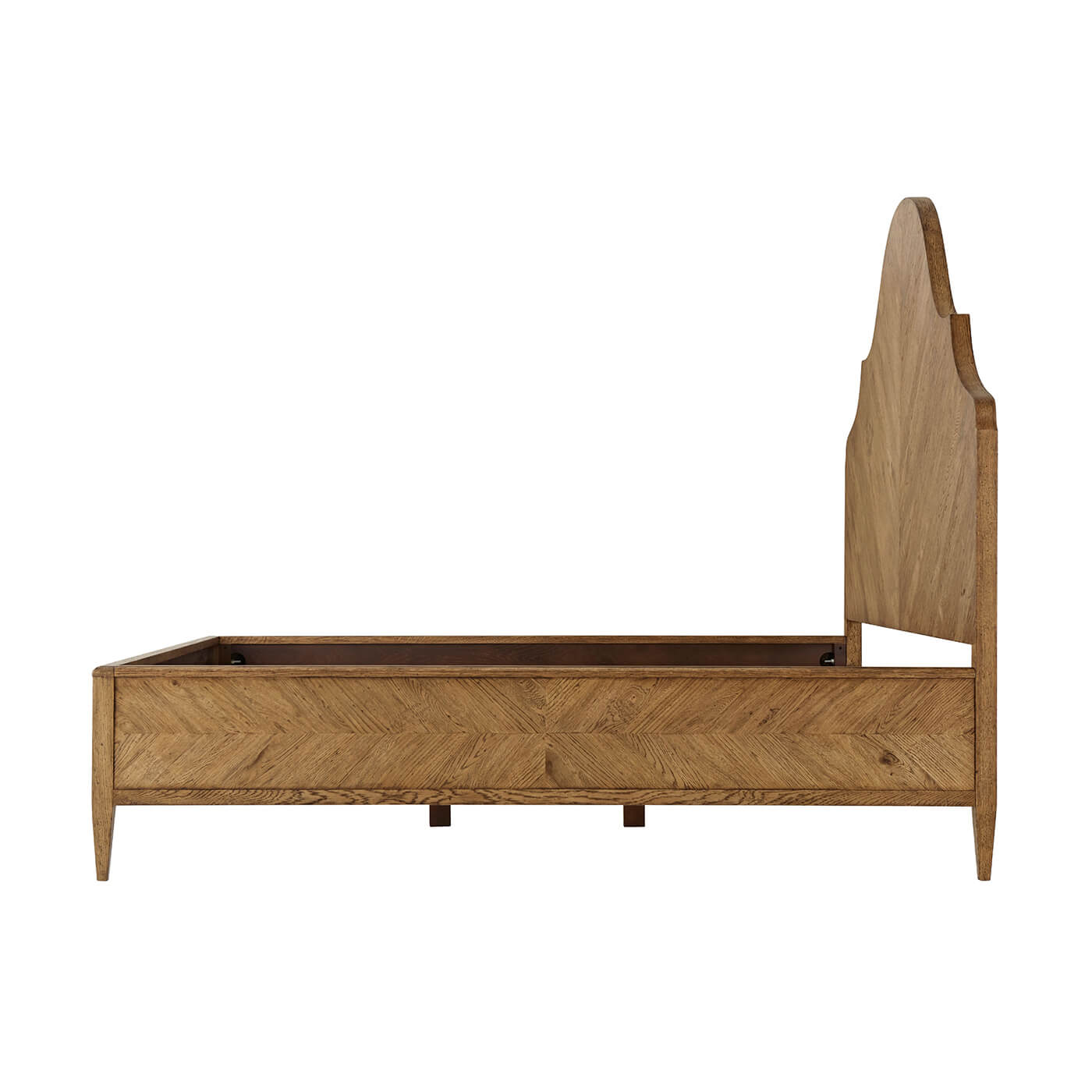Side profile of modern rustic oak king bed frame.