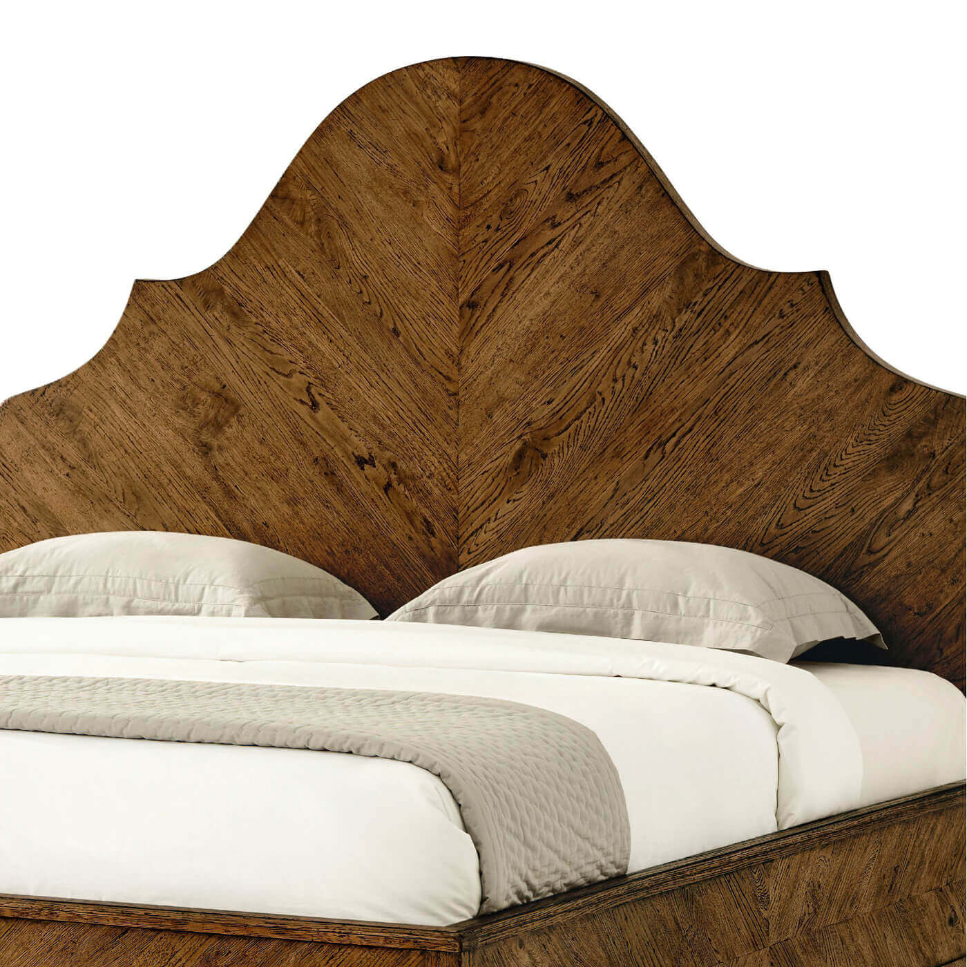Close-up of oak headboard, modern rustic style.
