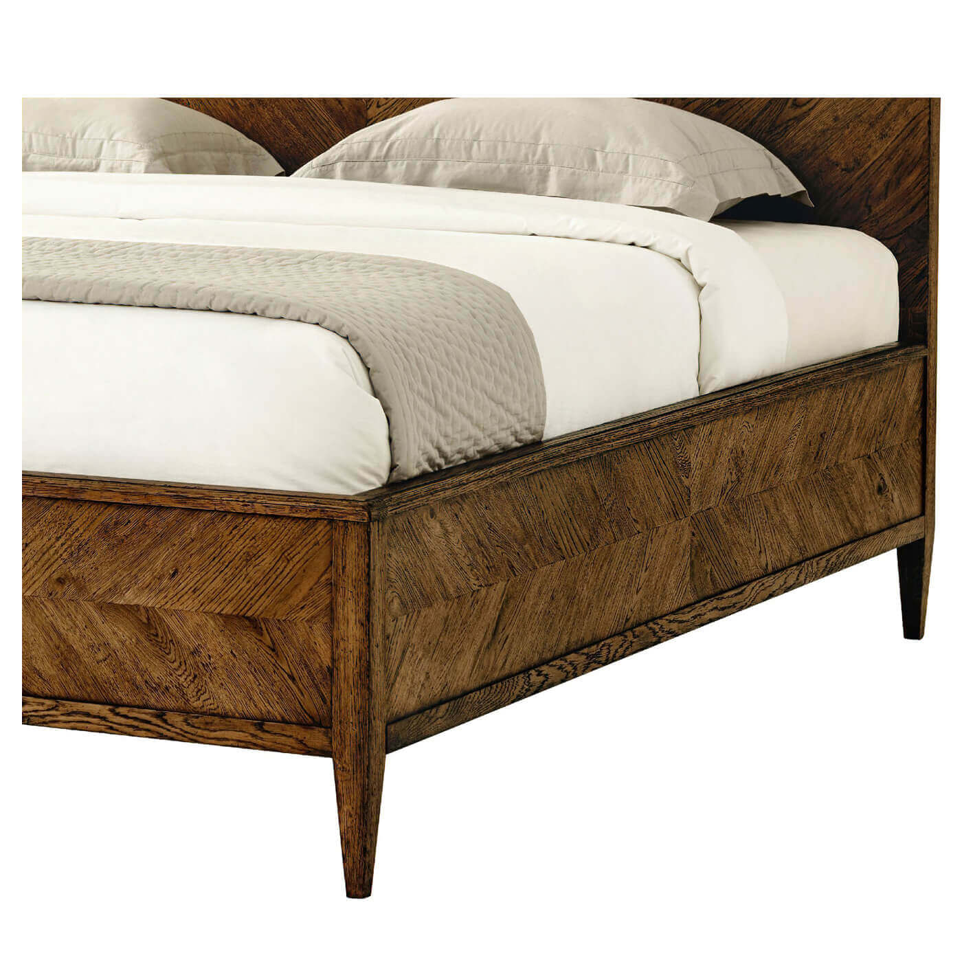 Close-up of oak bed frame, modern rustic design.