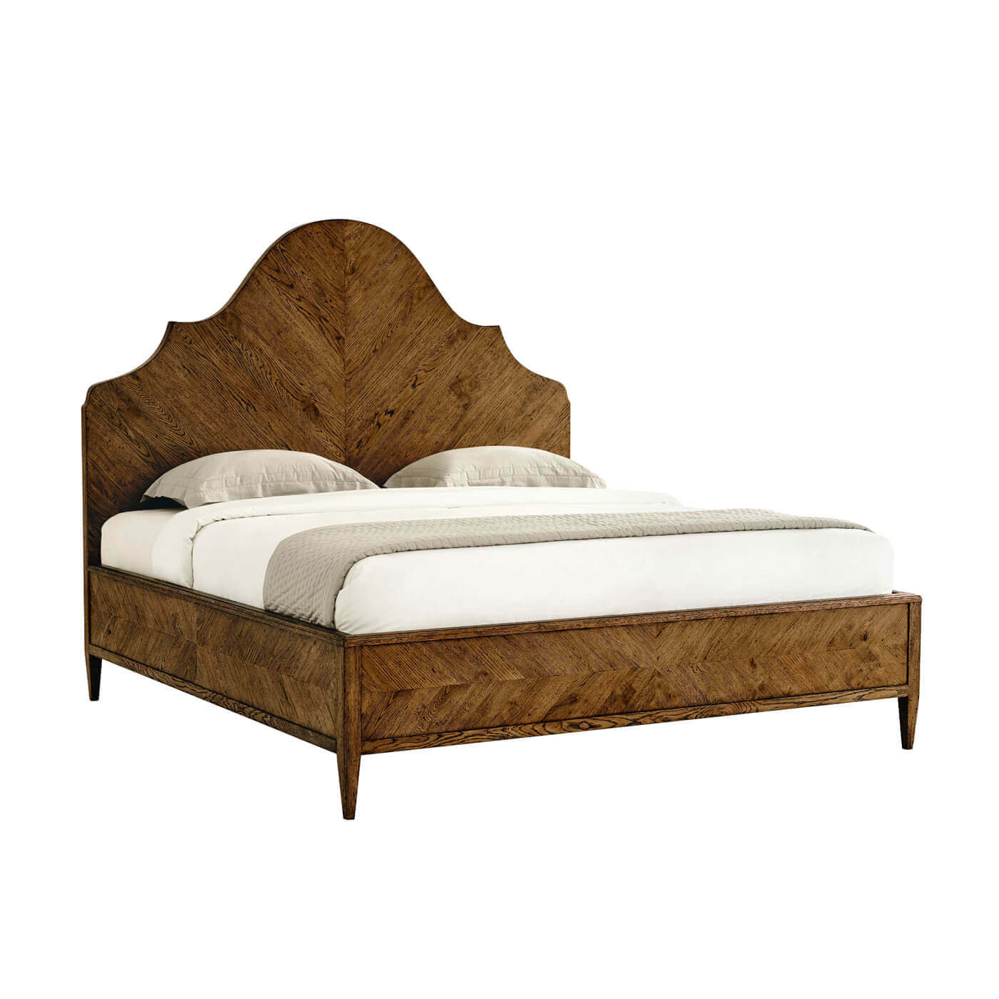 Modern rustic oak king bed, side view.