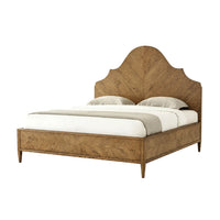 Modern rustic oak queen bed with curved headboard.