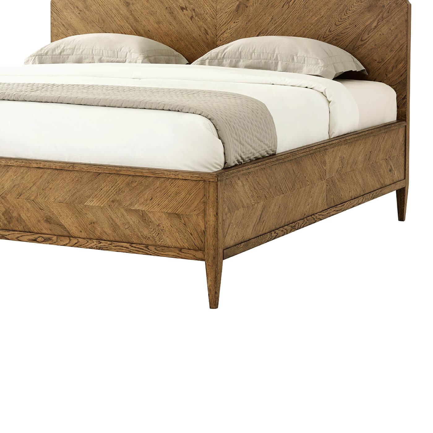 Side view of oak queen bed base and mattress.