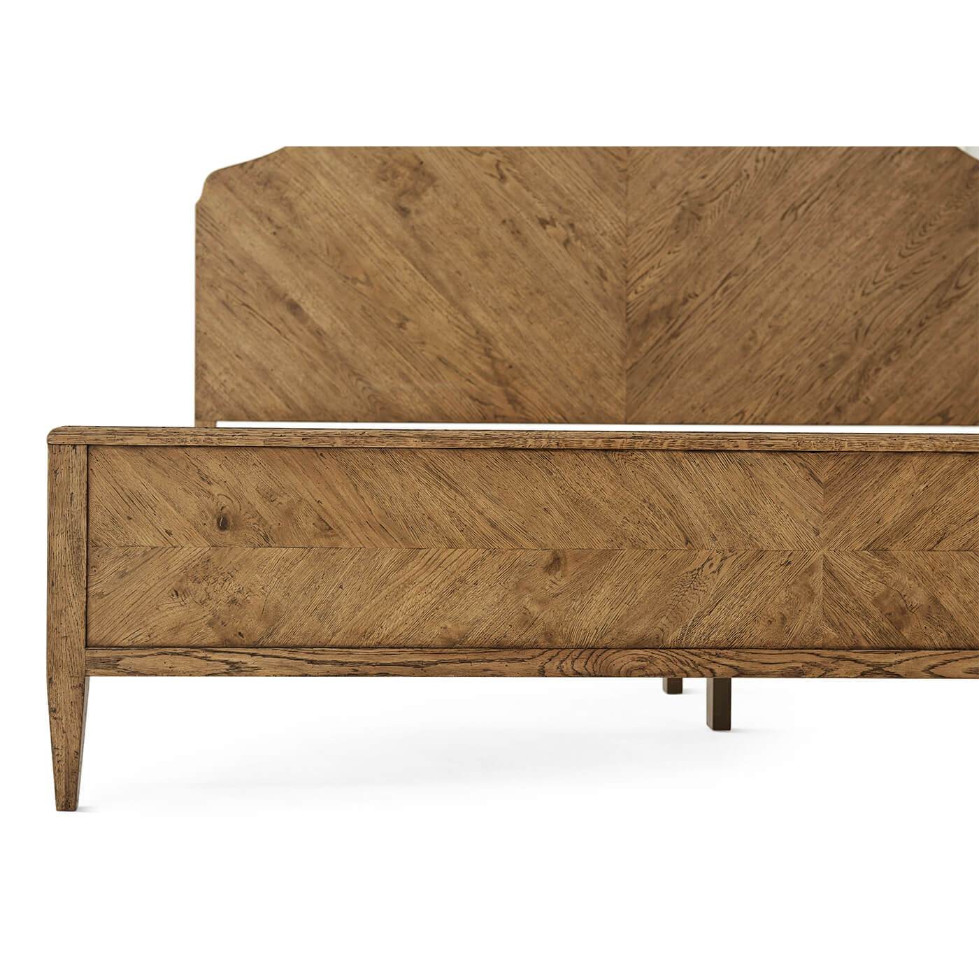 Front view of oak queen bed's footboard design.