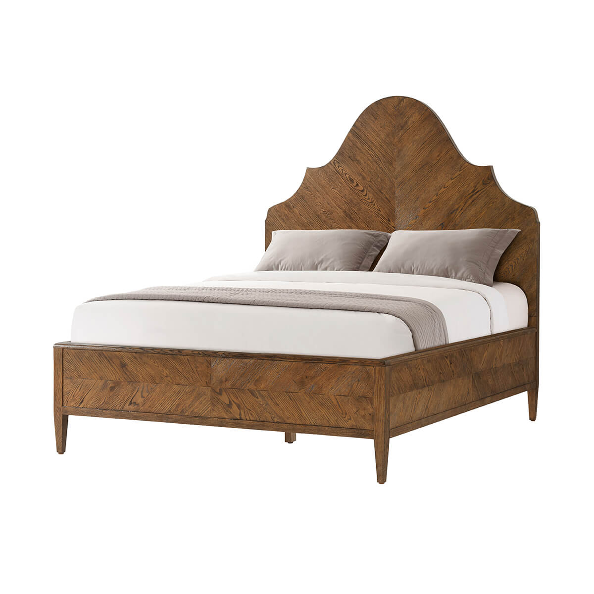 Modern rustic oak queen bed with linens, angled view.