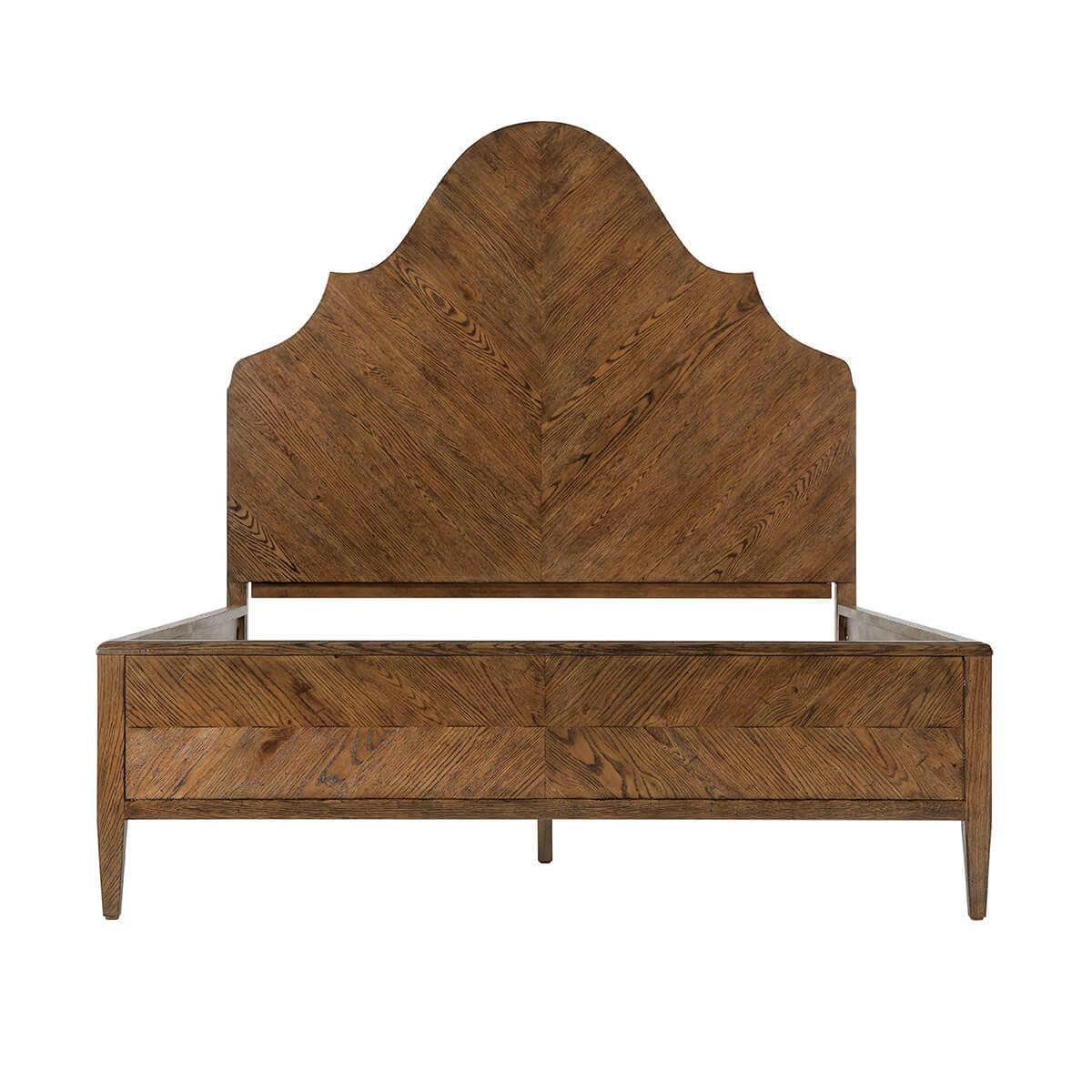 Modern rustic oak queen bed frame, front view.