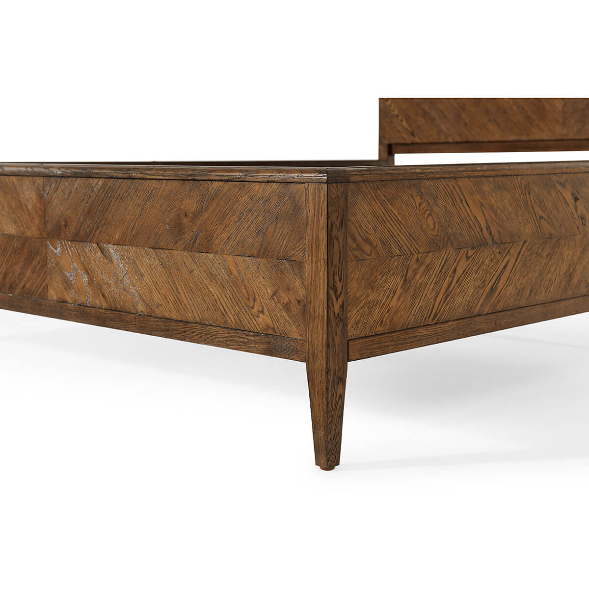 Modern rustic oak bed frame, corner detail close-up.
