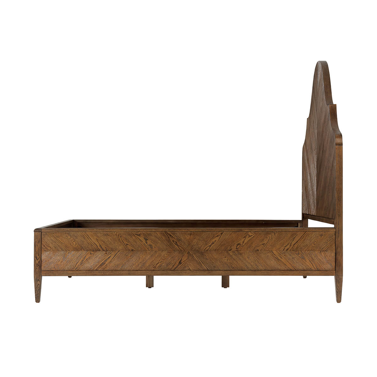 Modern rustic oak queen bed frame, side perspective.