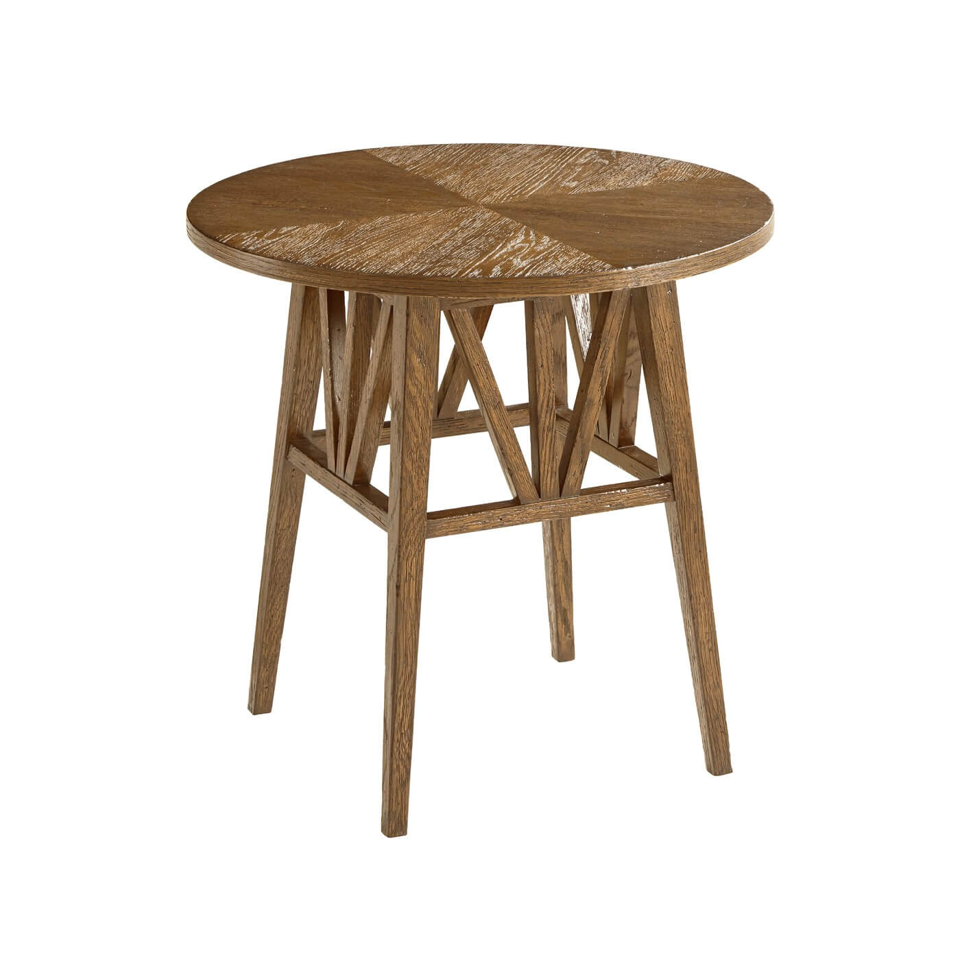 Side view of light oak round end table.