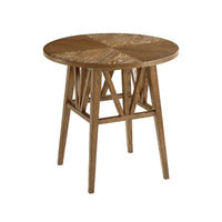 Side view of light oak round end table.