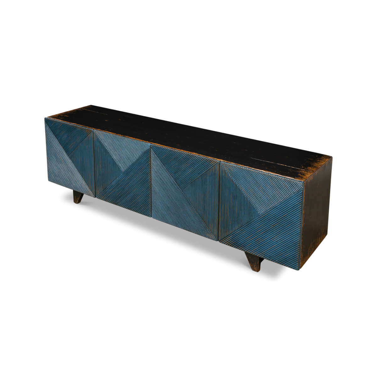Side angled view of painted media cabinet.