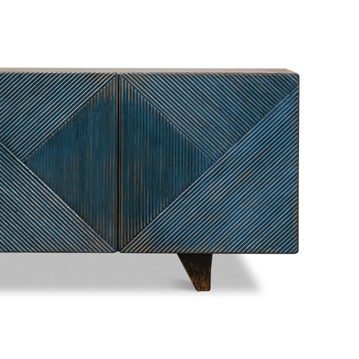 Cabinet's geometric front detail and leg design.