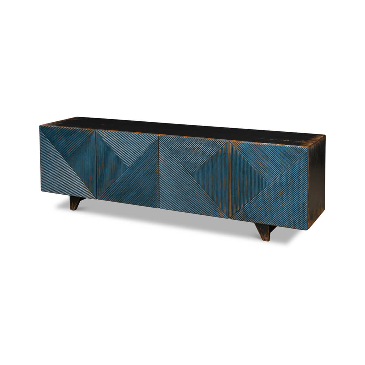 Angled view of blue media cabinet fronts.
