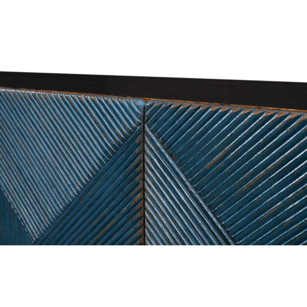 Detailed shot of cabinet's textured blue front.