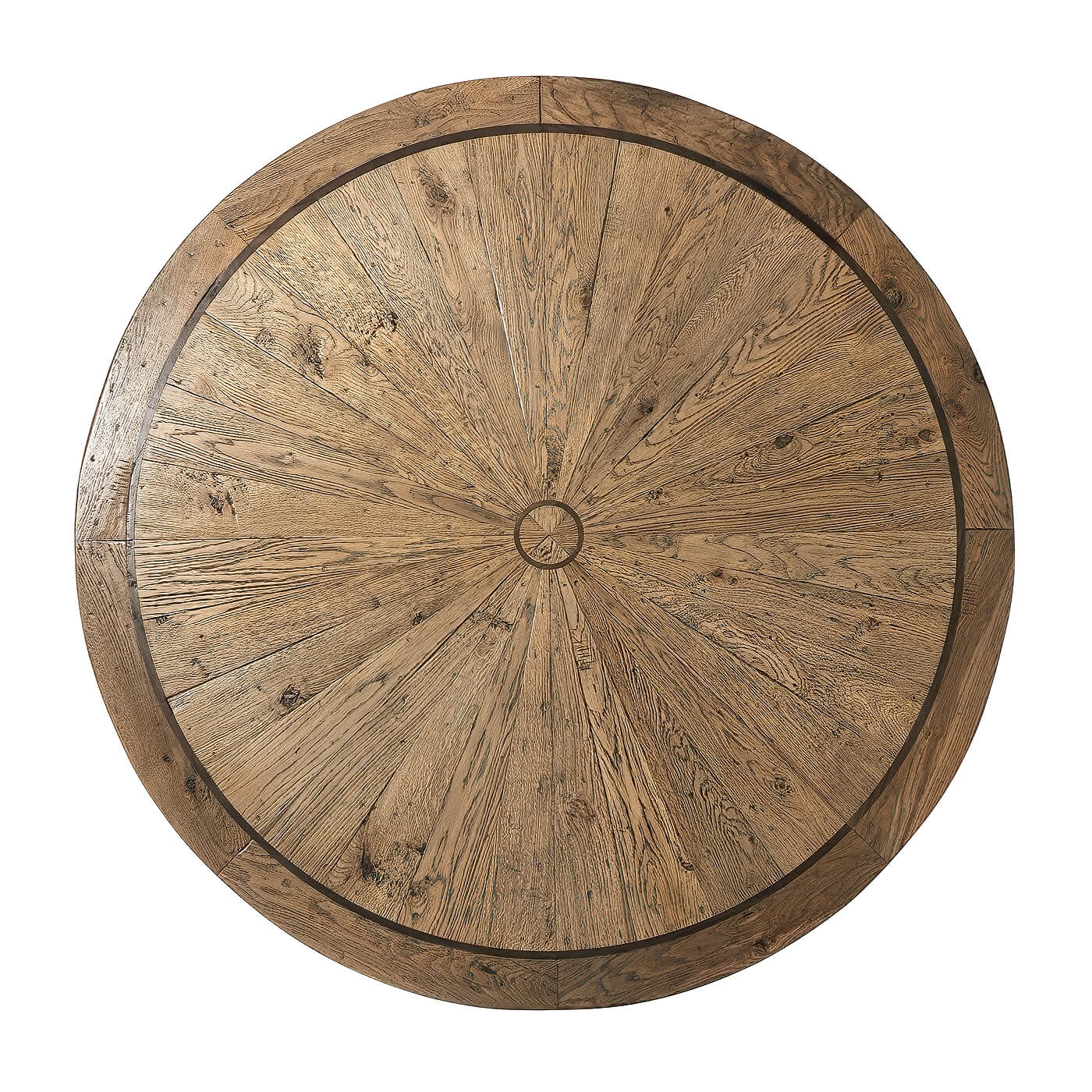 Top view of modern rustic round dining table wood details.