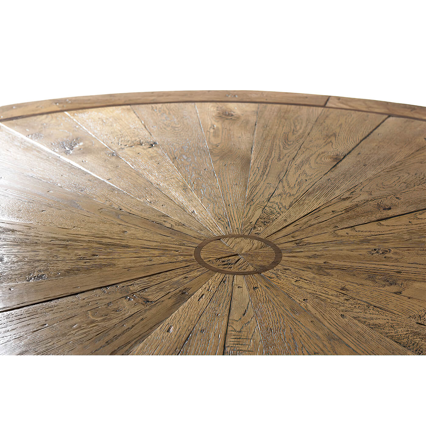 Detailed wooden top design of modern rustic round dining table.