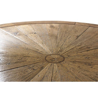 Detailed wooden top design of modern rustic round dining table.