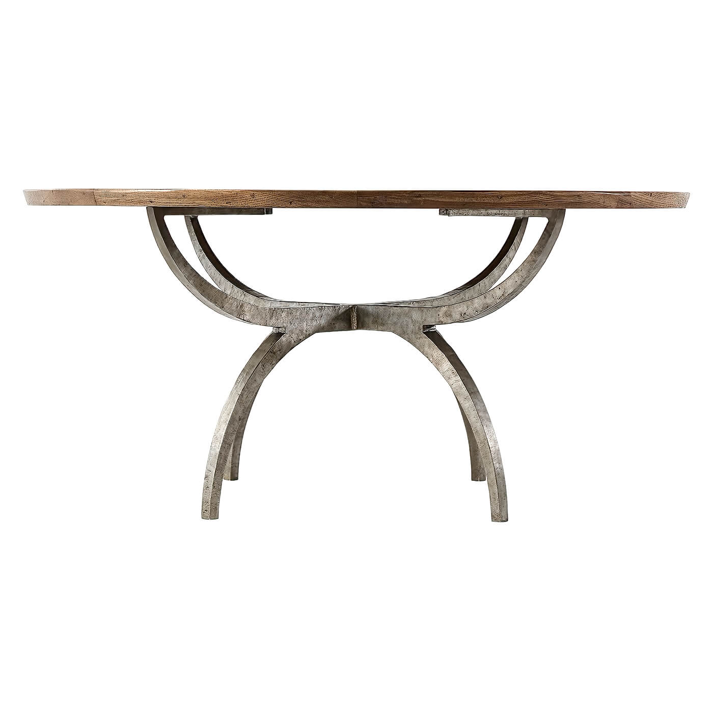 Side angle of modern rustic round dining table with curved base.