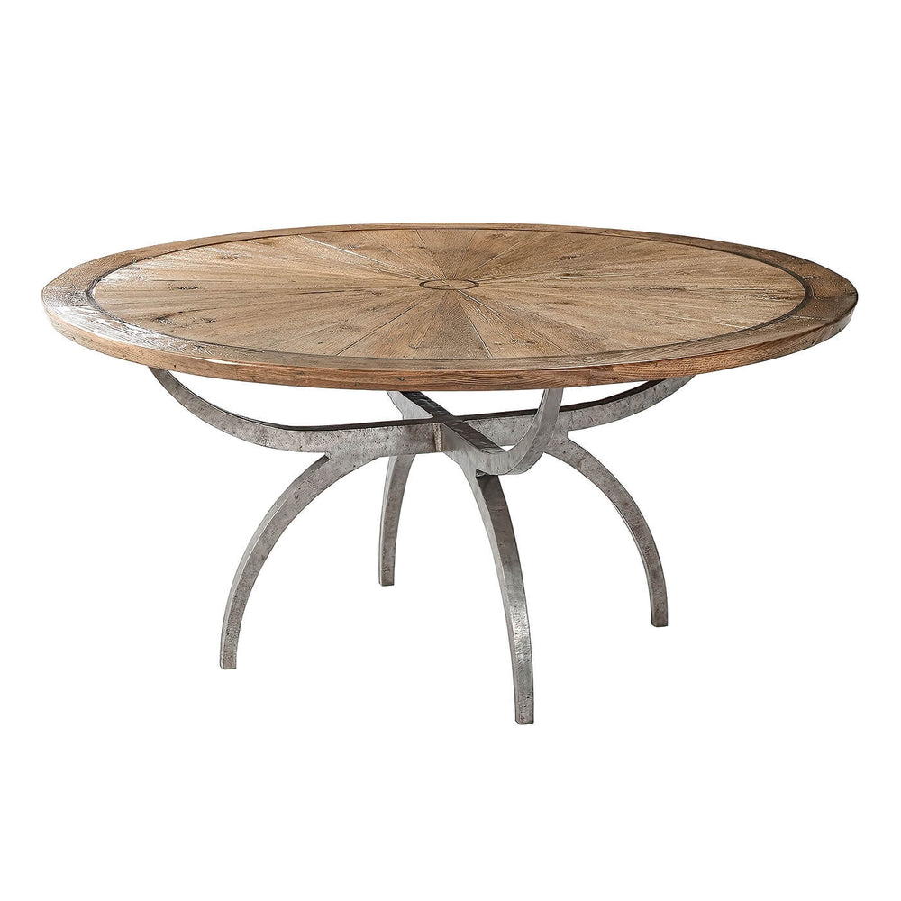 Modern rustic round dining table with metal legs, front view.