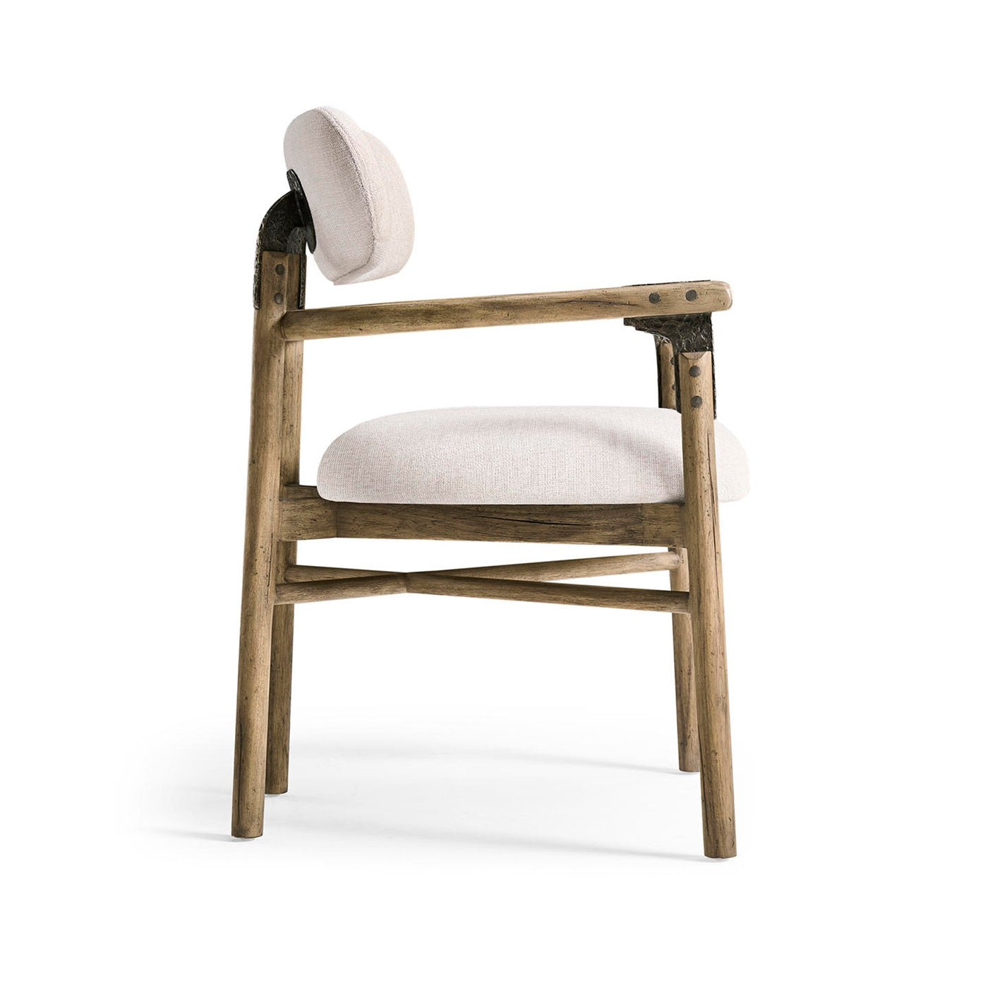Modern rustic armchair side profile, showing armrest and legs